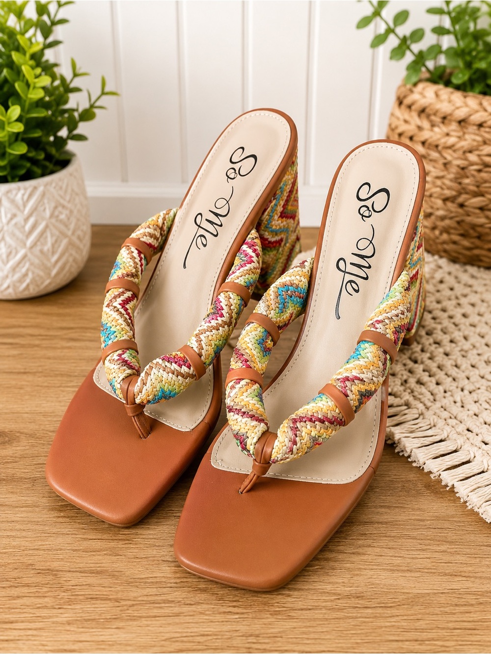 So Me Tan Leatherette Mules with Multicolor Braided Thong